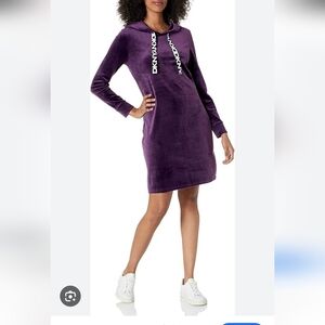 DKNY Women's Medium Dark Purple Eggplant Long Sleeved Hooded Logo Tshirt Dress